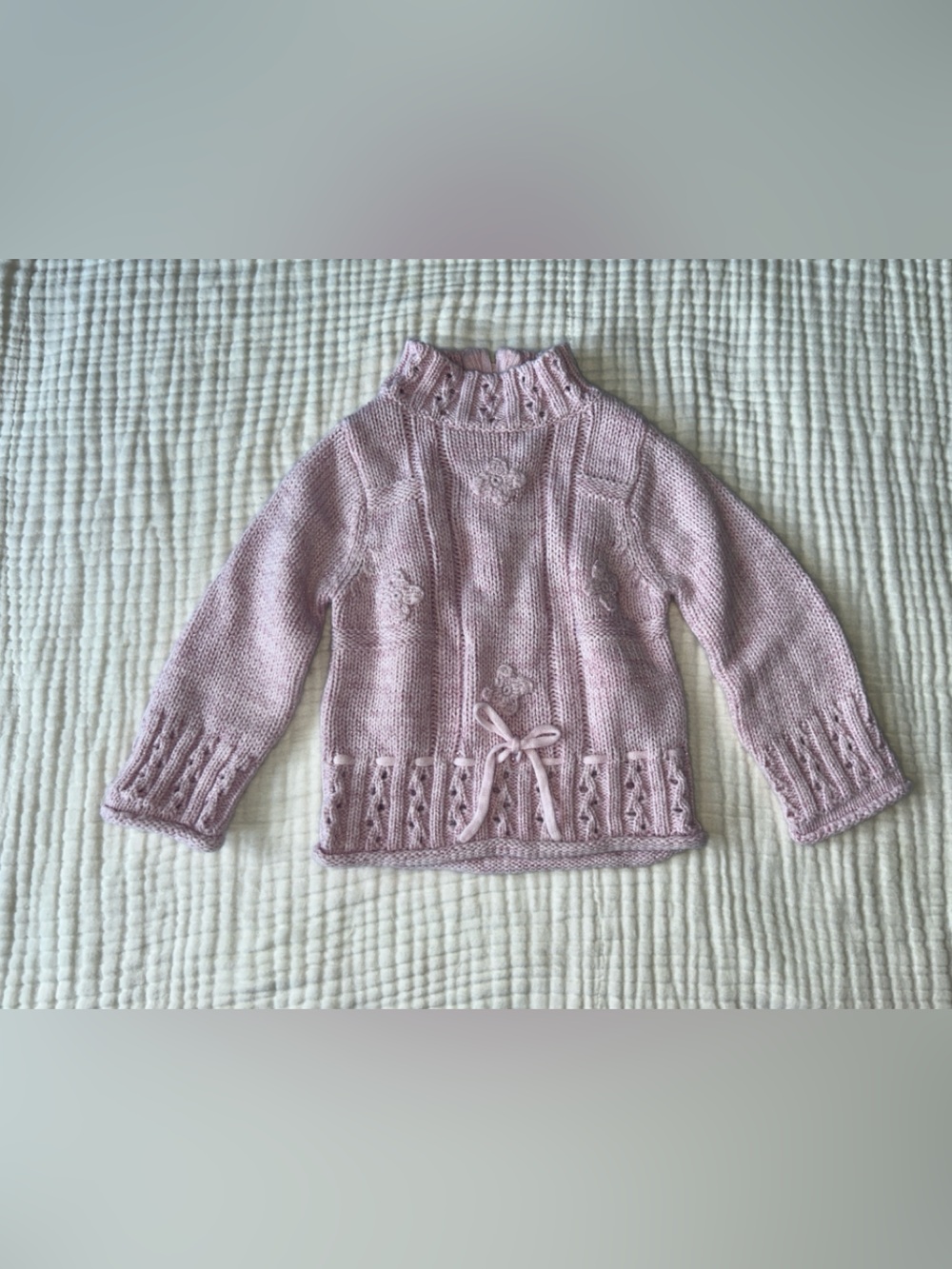 Vintage Faded Glory Pink Knit Cardigan with Bow Trim